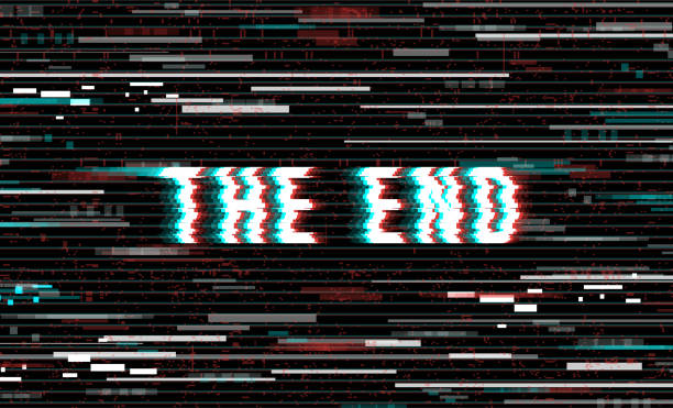 The End inscription in a distorted glitch style on a black background Creative illustration for web pages, print assets, presentation, social media, advertising, posters. Distorted letters over the glitch art background. Vector illustration. distorted font stock illustrations