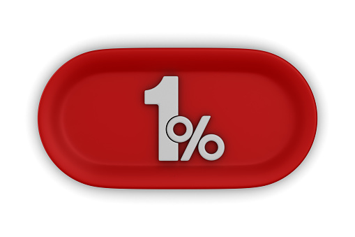 Button with one percent on white background. Isolated 3D illustration