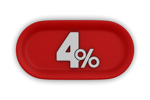 Button with four percent on white background. Isolated 3D illustration