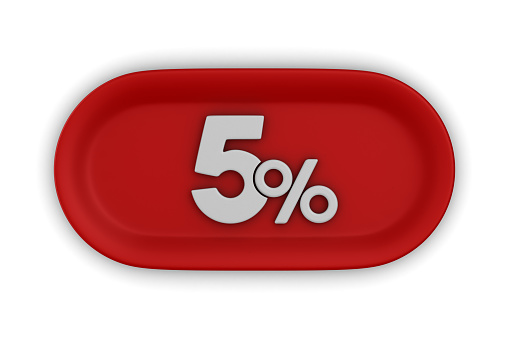 Button with five percent on white background. Isolated 3D illustration