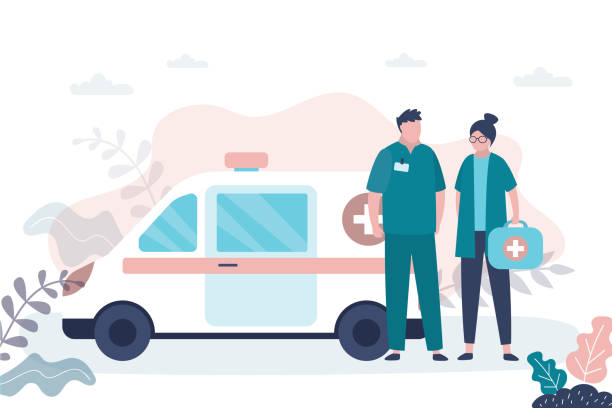 Man and woman doctors near ambulance van. Medical services concept. Emergency, medical transport and staff in professional uniform. First aid Man and woman doctors near ambulance van. Medical services concept. Emergency, medical transport and staff in professional uniform. First aid, characters in trendy style. Flat vector illustration emergency first response stock illustrations