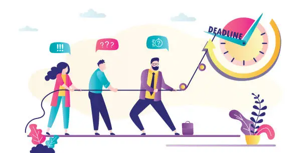 Vector illustration of Business people stop time using rope. Big watch, deadline concept. Employees fail and donât finish project. Teamwork, business problems.