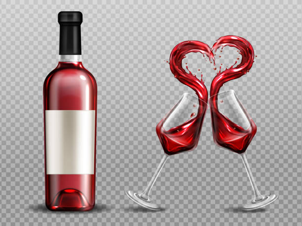 rotwein herz spritzen in weingläsern und flasche - spilling wine glass drink stock-grafiken, -clipart, -cartoons und -symbole