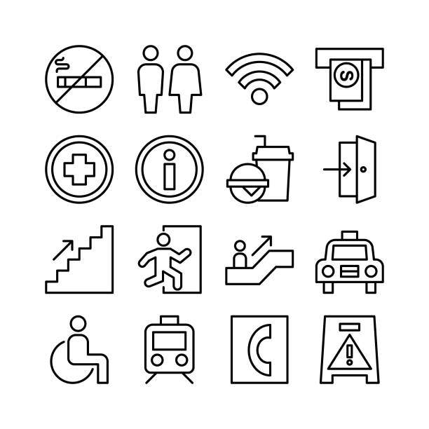 Art & Illustration Public Facilities, Public navigation icon set emergency exit sign icon stock illustrations