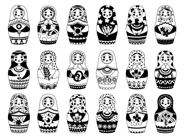 russische puppen sammlung. monochrome traditionelle weibliche spielzeug blumendekoration moskau frau authentische russische gesichter vektor-set - russian nesting doll doll russia decoration stock-grafiken, -clipart, -cartoons und -symbole