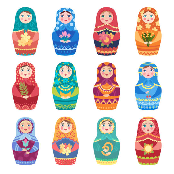 ilustraciones, imágenes clip art, dibujos animados e iconos de stock de muñecas rusas. juguetes tradicionales auténticos matryoshka niñas con decoración botánica flores vector colección de colores - russian nesting doll