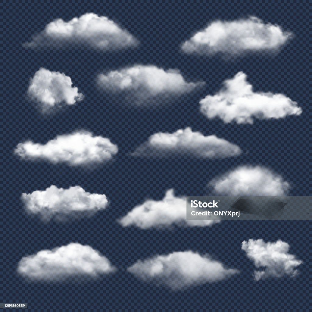 Nuages réalistes. Nature ciel symboles pluie ou neige nuage vector collection - clipart vectoriel de Nuage libre de droits