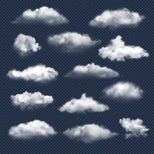 stockillustraties, clipart, cartoons en iconen met wolken realistisch. de hemelweerssymbolen van de aard regen of de inzameling van de wolkvector van de sneeuw - sky