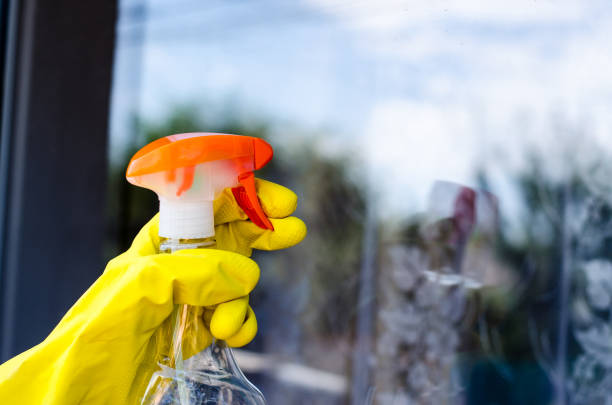 Cleaning of windows. A woman holds a bottle of window cleaner in her hands. Cleaning of windows. A woman holds a bottle of window cleaner in her hands. A hand in yellow gloves holds a bottle of window cleaning fluid. window cleaning solution stock pictures, royalty-free photos & images