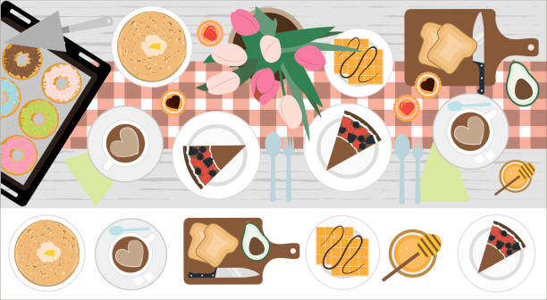 Top view of a table with lunch or Breakfast for two. Vector illustration of a dining table with coffee, cake, cookies, avocado toast, pancakes, waffles, doughnuts and appliances. Wooden table with tablecloth, flowers and serving. Top view of a table with lunch or Breakfast for two. Vector illustration of a dining table with coffee, cake, cookies, avocado toast, pancakes, waffles, doughnuts and appliances. Flat design for a restaurant, menu, home interior dining room or cooking site. Wooden table with tablecloth, flowers and serving. fork knife spoon cartoon stock illustrations