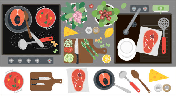Top view of the kitchen countertop with a stove, sink, kitchen equipment, food and ready-made food for dinner. Flat vector illustration of a kitchen with a set of cooking attributes. Meat, fish, vegetables and soup, healthy home food. Top view of the kitchen countertop with a stove, sink, kitchen equipment, food and ready-made food for dinner. Flat vector illustration of a kitchen with a set of cooking attributes. Meat, fish, vegetables and soup, healthy home food. Image for a restaurant, home interior, menu, or cooking site. oman cartoon stock illustrations