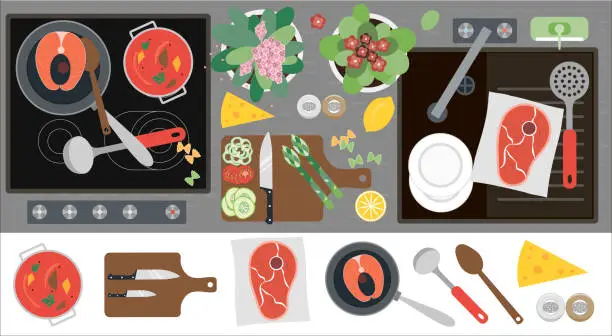 Vector illustration of Top view of the kitchen countertop with a stove, sink, kitchen equipment, food and ready-made food for dinner. Flat vector illustration of a kitchen with a set of cooking attributes. Meat, fish, vegetables and soup, healthy home food.