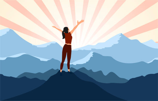 illustrazioni stock, clip art, cartoni animati e icone di tendenza di donna escursionista di successo godere della vista con le braccia aperte sulla cima della scogliera di montagna. - free standing illustrations