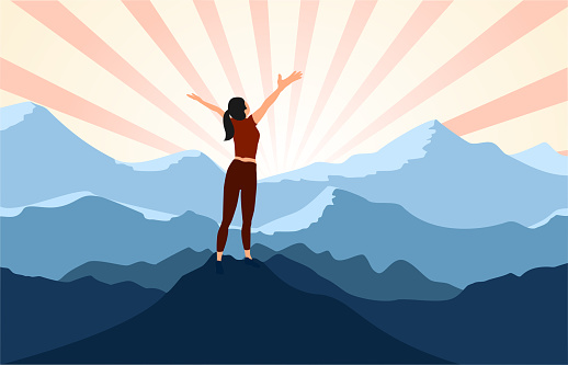 successful woman hiker enjoy  the view with arms open on cliff edge top of mountain and sunshine background.