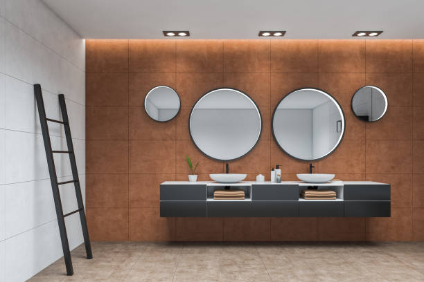 istock White and brown tile bathroom with sink 1259913096