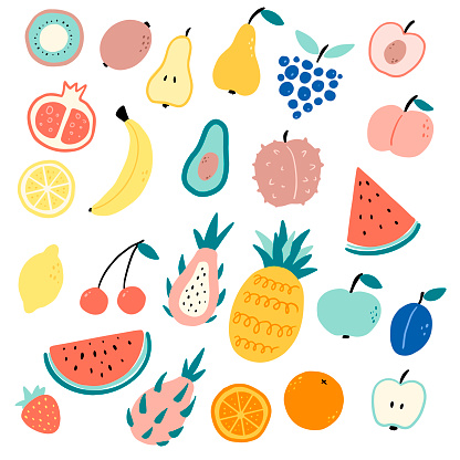Flat vector color illustration of cartoon fruits in doodle style.