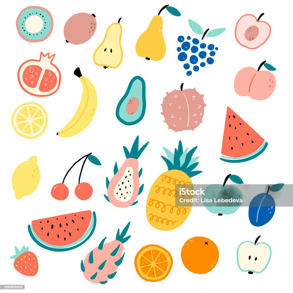 Flat Vector Color Illustration Of Cartoon Fruits In Doodle Style Stock  Illustration - Download Image Now - iStock
