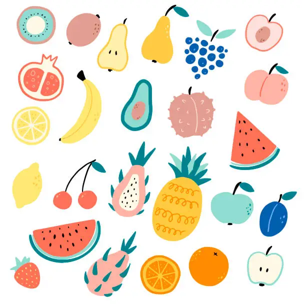 Vector illustration of Flat vector color illustration of cartoon fruits in doodle style