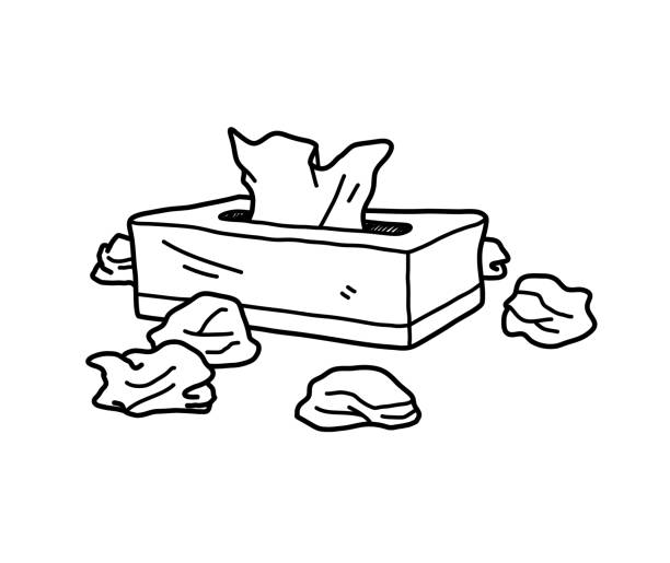 schachtel aus tissue-papier-doodle, handgezeichnete vektor-doodle-illustration einer schachtel ausgewebe mit zerknitterten gebrauchten tissue-papier um sie herum, isoliert auf weißem hintergrund. - tissue crumpled toilet paper paper stock-grafiken, -clipart, -cartoons und -symbole