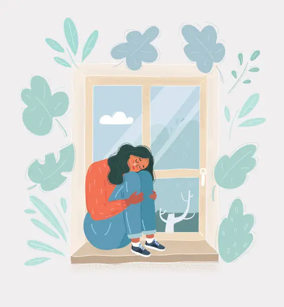 Vector illustration of Vector illustration of woman sitting on windowsill and looking through window