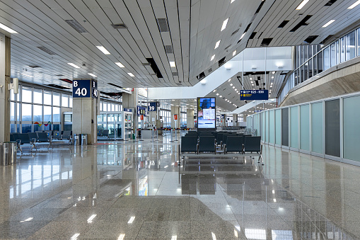 Empty boarding hallway in Galeao international airport of Rio de Janeiro during COVID-19 coronavirus outbreak