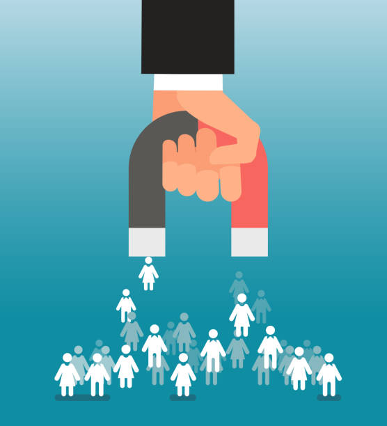 generowanie ołowiu. magnes w ręku przyciąga konsumentów. sprzedaż i potencjalni klienci, koncepcja wektora marketingowego - miłość od pierwszego wejrzenia stock illustrations