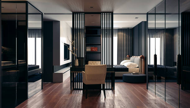 istock 3d render of beautiful interior with dark  gray walls 1259936417