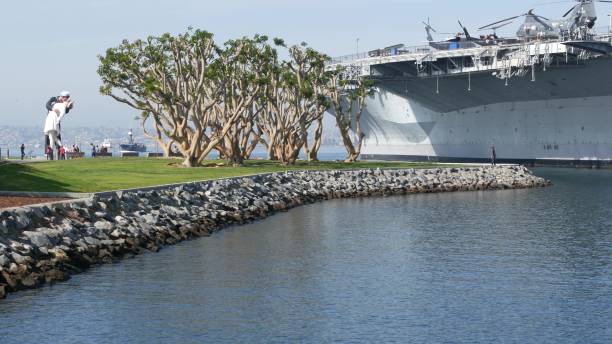 uss "midway" – wojskowy lotniskowiec, zabytkowy okręt wojenny w pobliżu pomnika bezwarunkowej kapitulacji - tropical tree clear sky southern california san diego california zdjęcia i obrazy z banku zdjęć