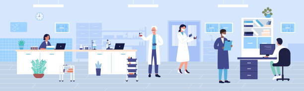 Hospital clinic laboratory work flat vector illustration, cartoon doctor researcher character team working in medical research center background Hospital clinic laboratory work flat vector illustration. Cartoon doctor researcher character team working and studying in medical research diagnostic center. Healthcare medicine lab office background medical research stock illustrations