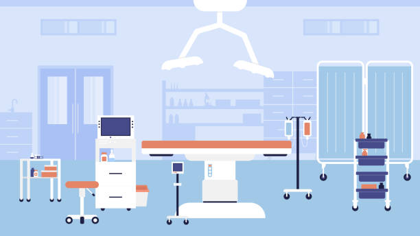 Hospital room interior vector illustration, cartoon empty medic office hospital workplace for doctors appointment or consultation background Hospital room interior vector illustration. Cartoon empty medic office hospital workplace for doctors appointment or consultation, modern clinic medical furniture, equipment, bed and table background hospital cart stock illustrations