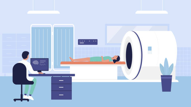 tomografia szpitalna egzamin ilustracja wektorowa, kreskówka płaska kobieta lekarz skanowania, badanie pacjenta na skaner diagnostyczny maszyny - x ray equipment x ray machine radiation stock illustrations