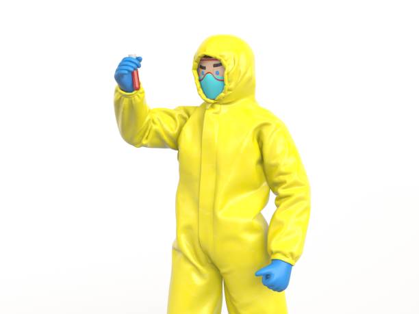 istock Medic in yellow hazmat suit looking on blood test 1259962778