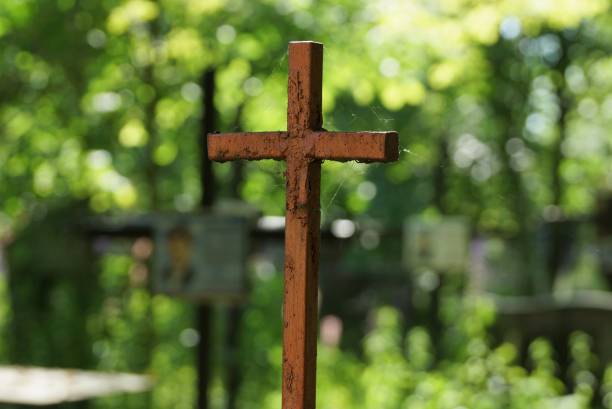 one old brown iron cross in a spider web on a green background