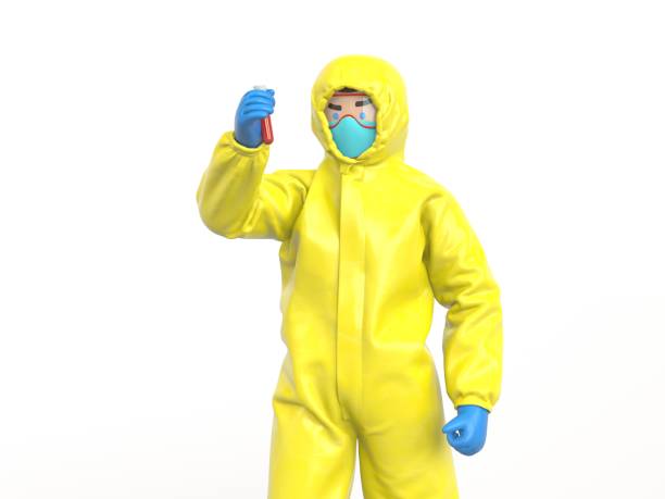 istock Medic in yellow hazmat suit looking on blood test 1259963340