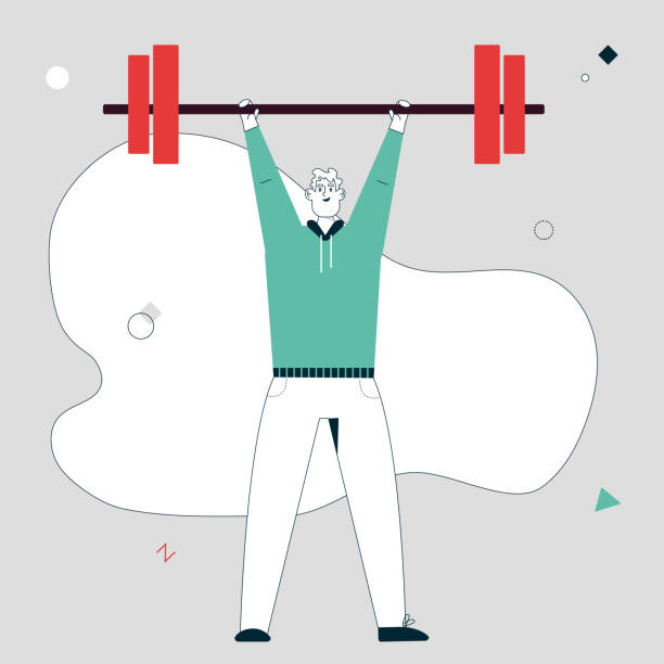 illustrations, cliparts, dessins animés et icônes de illustration linéaire de caractère de vecteur du sportif souriant a soulevé barbell - arms lifted