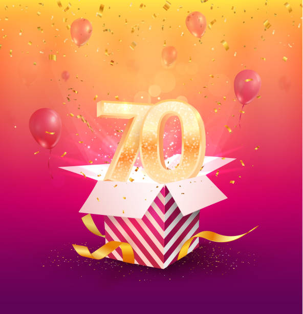 70th years anniversary vector design element. Isolated seventy years jubilee with gift box, balloons and confetti on a colorful background. 70th years anniversary vector design element. Isolated seventy years jubilee with gift box, balloons and confetti on a colorful background. 70th stock illustrations