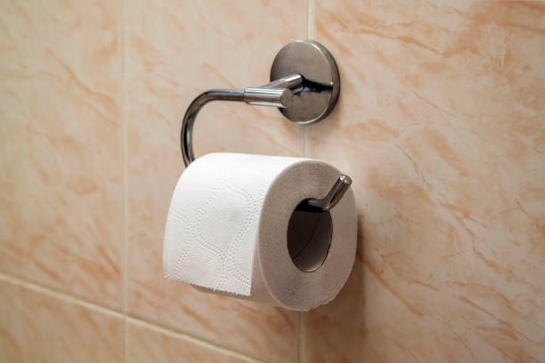 istock roll of white toilet paper hangs on chrome holder on ceramic-tiled wall. first aid for coronavirus pandemic outbreak COVID-19 1260010841