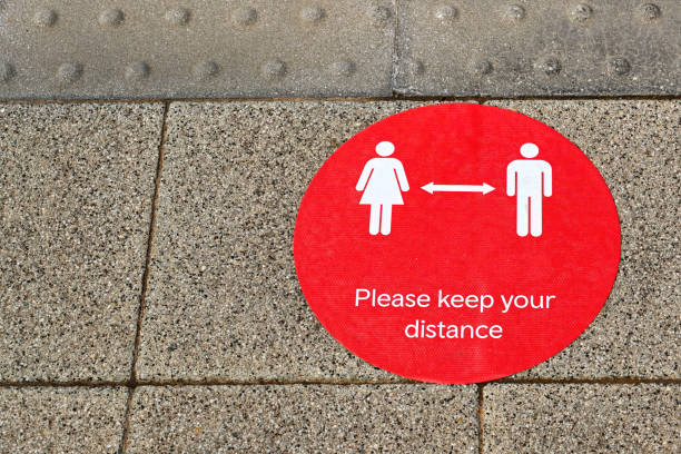 istock Sticker on ground reminding people about social distancing 1260016751
