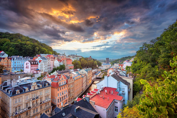 Aerial image of Karlovy Vary (Carlsbad), located in western Bohemia at beautiful sunset.