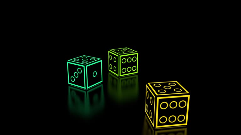 Colored neon dice falling from the top in fives