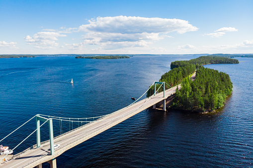 Aerial view of Karisalmi bridge on Pulkkilanharju Ridge at lake Paijanne, Paijanne National Park, Finland.