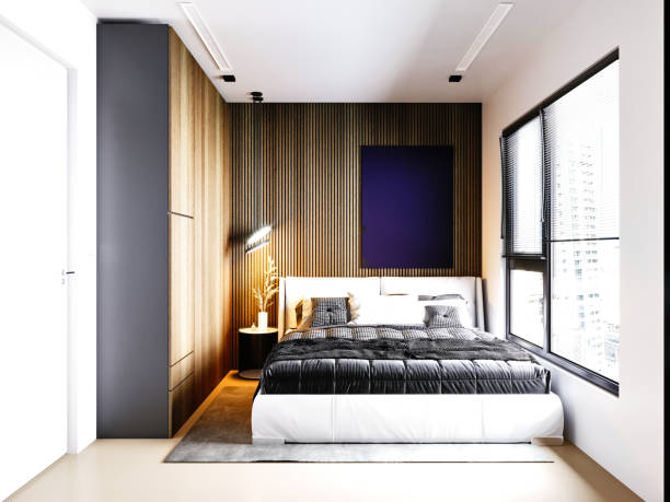 Modern contemporary bedroom showcases biophilic design with natural daylight and earthy color palette. Sustainable interior features organic textures minimalist aesthetics, and hygge inspired cozy atmosphere