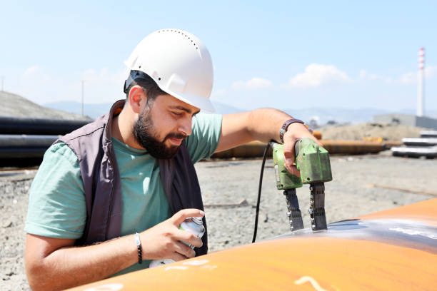 A technician performs MPI on a pipeline to check for stress corrosion cracking using what is known as the "black and white" method. is a non-destructive testing (NDT) process for detecting surface. A technician performs MPI on a pipeline to check for stress corrosion cracking using what is known as the "black and white" method. is a non-destructive testing (NDT) process for detecting surface. magnetic-particle stock pictures, royalty-free photos & images
