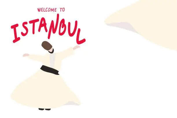 Vector illustration of Vector dervish dance in Turkey. Travel to Turkey conception. Horizontal panoramic scene for banner or print design.