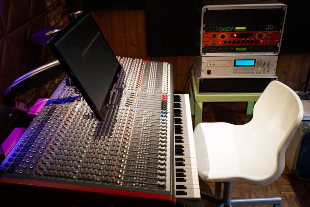 istock audio mixing console, blank white chair and sound processing equipment in recording studio 1260100139