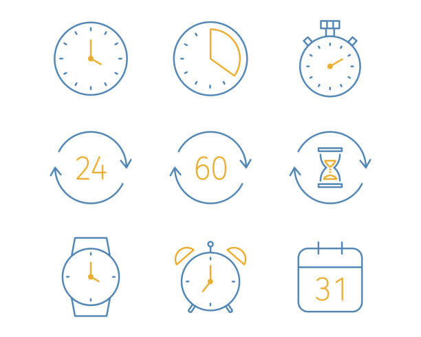 zestaw prostych i płaskich ikon różnych zegarków - klepsydra ilustracje stock illustrations