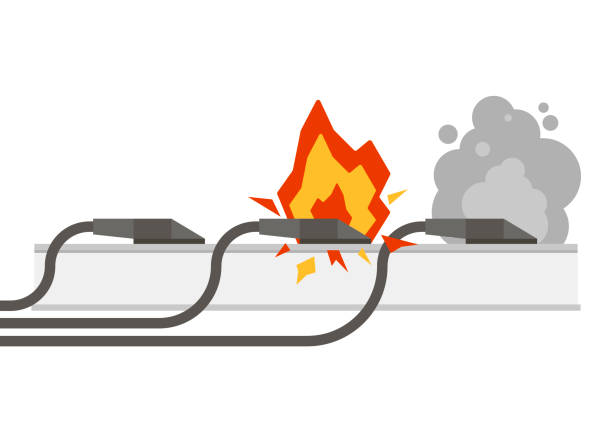 illustrations, cliparts, dessins animés et icônes de câblage de feu. circuit électrique de câble avec le feu, la fumée, les étincelles. ensemble de prises avec des cordons. prise et prise en feu par surcharge. circuit électrique en circuit court. connexion électrique cassée. vecteur - overflowing