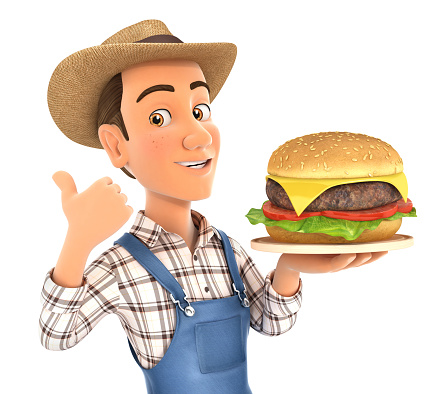 3d farmer holding big hamburger with thumb up, illustration with isolated white background