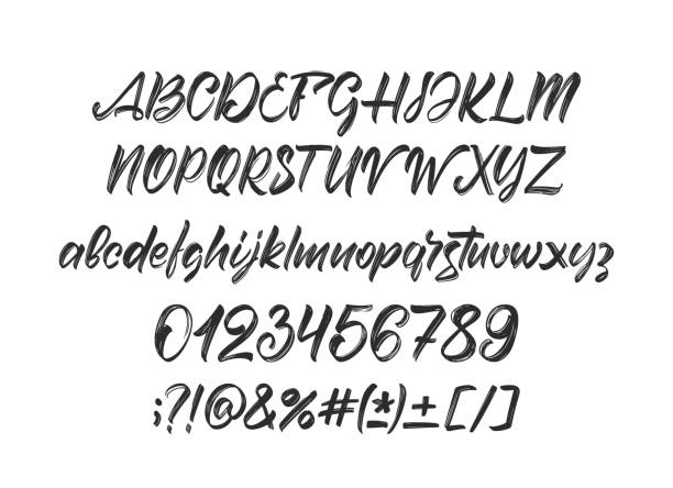 Vector Full Handwritten brush font. English Abc alphabet with punctuation and numbers on white background. Vector illustration: Full Handwritten brush font. English Abc alphabet with punctuation and numbers on white background. calligraphy alphabet styles drawing stock illustrations