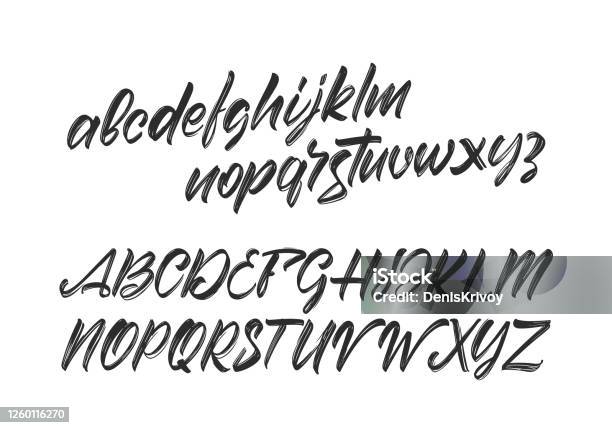 Vector Cursive Handwritten Brush Font English Abc Alphabet On White Background - Arte vetorial de stock e mais imagens de Texto datilografado